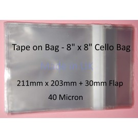 celloexpress Tape on Bag 8" x 8" - 211mm x 203mm + 30mm Flap - Mounted Photograph Cellophane Display Bags 40 Micron Self Seal Medium Cello - Pack of 100