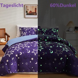 GETIYA Purple Bed Linen 135 x 200 cm Children's Bed Linen Star Moon Luminous in the Dark Single Bed Duvet Cover Purple Blue Reversible Bed Linen Women Girls Bed Linen Soft Duvet Cover with Pillowcase