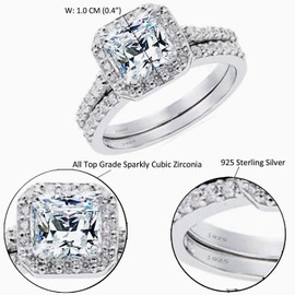 MABELLA Women’s 1.8 Ct Princess Cut 925 Sterling Silver Cubic Zirconia Wedding Engagement Ring Set Bridal Ring Band,Size 8