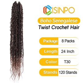 CISINPO Boho Twist Crochet Hair 24 Inch, 8 Packs Wavy Senegalese Twist Crochet Hair with Curly Ends, Ombre Pre-Looped Pre-Twisted Island Style Goddess Passion Braids (120 Strands, T30)