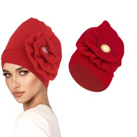 Bohend African Big Flower Rhinestone Turban Cap Muslim Pre Tied Beanie Headwrap Bonnet Stretch Pleated Women Headscarf Hat (1)