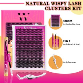 Lash Extension Kit 320PCS Eyelash Clusters 40D DIY Eyelash Extension Individual Lashes Natural Lash Clusters Kit with Lash Bond and Seal, Tweezers(D-Mix9-16mm)