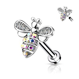 PiercedOff 316L Surgical Steel Labret with Paved Clear CZ Bee - Length 6mm Width 1.2mm