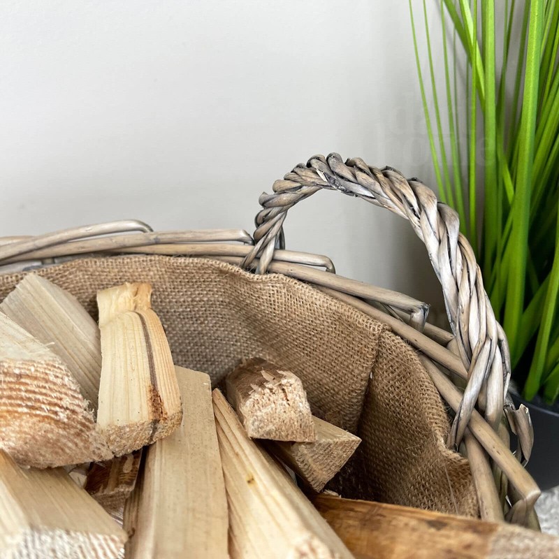 Wicker Lined Log Basket Classic Round Fireplace Storage Grey Woven