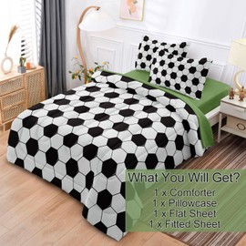 Leaflin Soccer Comforter Set Twin for Boys Girls, 4 Pieces Soccer Bedding Twin Bed in a Bag Set with Sheets, Black and White Bed Sets for Teenage