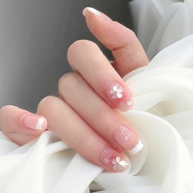 Short Square Press on Nails with 3D Floral Designs - Pink Nude Glossy Flower Fake Nails, Cute Full Cover Acrylic Nails for Women and Girls, 24Pcs