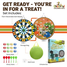 Cheerful Children Toys Jumbo Kids Dart Board XL or XXL, Large Velcro Dart Board Set with Reversible Designs, 16 Sticky Balls & 6 Darts, Indoor & Outdoor Garden Games for Ages 3-8 (Dinosaur-1, 73cm)