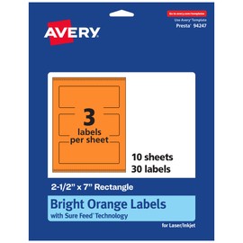 Avery Printable Rectangle Labels with Sure Feed Technology, 2-1/2" x 7", Bright Orange Labels, Print-to-The-Edge, Laser/Inkjet, 30 Total, Great for Candle Labels and Jar Labels