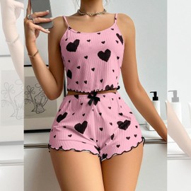 Women’s 2 Pieces Heart Print Summer Pajama Set Scoop Neck Sleeveless Cami Tops + Shorts, Sexy Sleeveless Sleepwear PJ Set Soft Loungewear Comfy Nightwear (UK, Alpha, XL, Regular, Regular, Pink-black)
