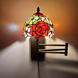 Enjoy decor Lamps Tiffany Style Sconce Lamp Plug In Swing Arm Stained Glass Rose Flowers 15"H