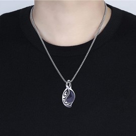 Rockyu Men's Necklace, Silver, Blue Stone, Tiger Eye Stone, Tiger Eye Drop, Drop Necklace, Chain Necklace, 25.6 inches (65 cm), Titanium, Hypoallergenic, Stylish, Present Accessory, Titanium,