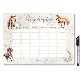 Horse timetable magnetic wipe clean for fridge and whiteboard, boho pony weekly planner girls gift for school enrolment (magnetic timetable including pen)