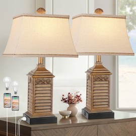 Table Lamps Set of 2 Coastal Beach Living Lamps for Bedroom with Dual USB Ports and One AC Outlet Brown Tropical Nautical Nightstand Bedside Lamps for End Table Home Decor with LED Bulbs