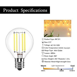 5-Pack S11 LED Bulbs E17 Intermediate Base Edison Globe Light Bulbs 40 Watt Equivalent,5000K Daylight 4W for Bedside Lamp Bulb,Lava Lamps,Glitter Lamps Non-dimmable
