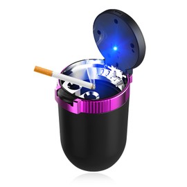 ZNDAW Car Ashtray with Lid, Smokeless Stainless Steel Vehicle Ash Tray with LED Light, Easy Clean Up Detachable Cylinder Ashtray Portable Trash Can for Road Trip, Car Accessories (Purple)
