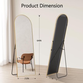 Arched Full Length Mirror, Floor Mirror with Stand, Standing or Leaning Full Body Mirror with Aluminum Alloy Thin Frame, Large Mirror 64"×21" for Bedroom Room Decor - Gold