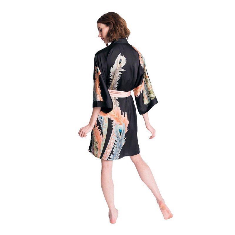 KIM+ONO Women's Charmeuse Kimono Robe Short - Peacock Feather -
