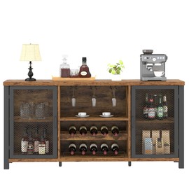 Launica Industrial Coffee Bar Cabinet, Wine Bar Cabinet for Liquor and Glasses, Liquor Cabinet with wine Rack Storage, Wood Metal Sideboard Buffet Cabinet for Home Kitchen Dining, Rustic Brown 55 Inch