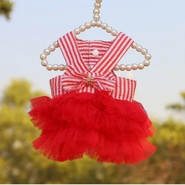 Pet Dog Cat Dress, Red Tulle Tutu with Striped Bow, Size XS