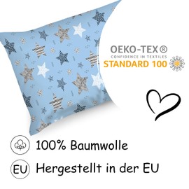 PinkZebra Children's Pillowcase 35 x 40 cm 100% Cotton Cushion Cover Boys Oeko-Tex Standard 100 Children's Covers with Zip Stars Blue
