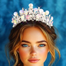 JAKAWIN Starfish Mermaid Costume Tiara Silver Shell Headpiece Wedding Tiaras and Crowns for Women