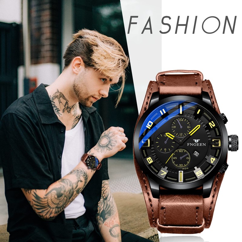 JewelryWe Leather Wristwatch for Men:Round Analog Quartz Calendar Watch Punk