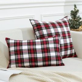 JOTOM Christmas Scottish Tartan Plaid Throw Pillow Covers Farmhouse Classic Decorative Square Cushion Covers 40 x 40cm Soft Pillowcases for Decor Sofa Couch 16x16 Inch Set of 2 (Red White)