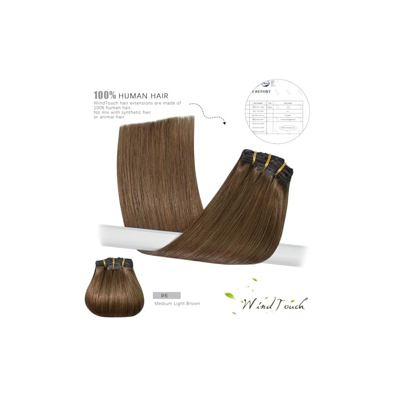 Extensiones de cabello con clip WindTouch, cabello humano real, castaño
