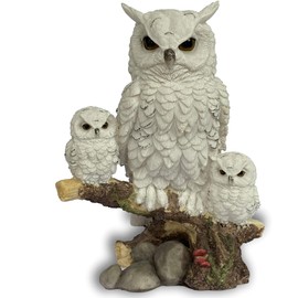 Objectz - Figurine Sculpture Owl on Trunk with Two Baby Owls - Owl Family - Garden Decoration - Owl - Beautiful Decoration for Home and Garden, Indoor and Outdoor Use, Weatherproof (White)