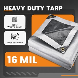 Keten Tarps Heavy Duty Waterproof 10X10 Feet, Extra Thick 16 Mil, Tear & Fade Resistant, UV Blocking, Outdoor Tarp with Reinforced Grommets for Roof, Camping, Patio, Pool, Boat(Silver/Black)