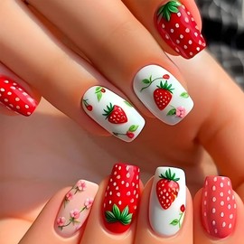 Summer Strawberry Press on Nails Short Square Fake Nails Flower Full Cover Acrylic Nails Red Glossy Glue on Nails Spring Floral False Nails Cute Stick on Nails Reusable Artificial Nail for Women 24Pcs