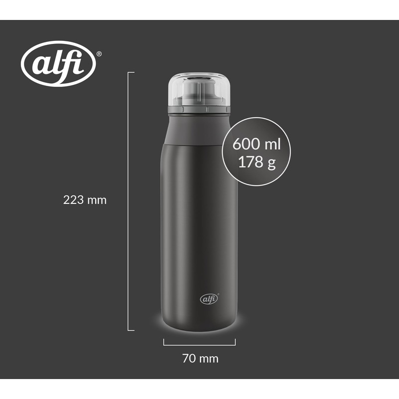 alfi Element Bottle 600 ml, Matte Black, Lightweight Stainless Steel