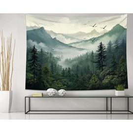 QGHOT Misty Forest Tapestry Nature Tree Tapestries Wall Hanging Foggy Large Wall Tapestry for Bedroom Living Room Home Decor (80x60in)