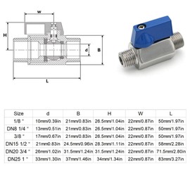 1/8 inch mini ball valve, shut-off valve, made of 304 stainless steel, 1 piece mini ball valve with blue handle, high temperature resistant (outer x outer thread)
