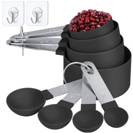 Measuring Cups & Spoons Set of 8 Pieces, Stackable Stainless Steel Handle Measurement Utensils Cups for Cooking & Baking, Kitchen Gadgets for Measuring Dry and Liquid Ingredient (Black)