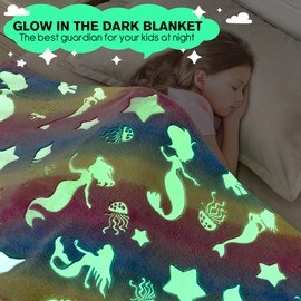 Cloele Glow in The Dark Blanket Mermaid Toys for 2 3 4 5 6 7 8 9 10 Year Old Kids Girls - Mermaids Room Decor Flannel Throw Blanket Glowing Luminous Birthday Christmas Valentines Gifts,50"x60"