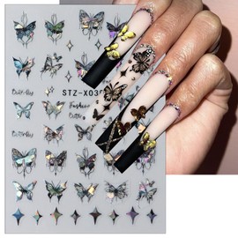 6 Sheets Butterfly Nail Art Stickers Decal 3D Self-Adhesive Holographic Black White Pink Butterflies Star Nail Decals Heart Butterflies Design Nail Stickers Decoration for Women Acrylic Nails Decor