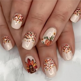 Thanksgiving Press on Nails Short Square SWEKKE Fake Nails False Nails with Polka Dots Pumpkin Turkey Designs Fall Full Cover Glossy Glue on Nail Cute Acrylic Nail for Women Girls 24Pcs