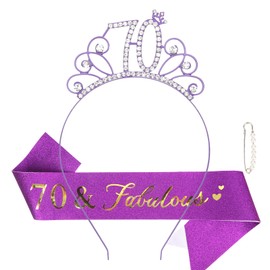 Casoty Purple 70th Birthday Sash and Tiara for Women, 70 & Fabulous Sash and Crown Set, Happy 70th Birthday Decorations, 8*5inch