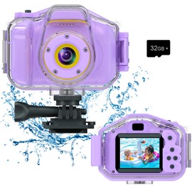 Kids Waterproof Camera, Christmas Birthday Gifts for Boys Girls Age 3-9, Children HD Digital Video Cameras, Portable Toy Child Underwater Camera 2 Inch Screen with 32GB Card (Purple)