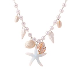 Seashell Necklace Boho Starfish Necklace Vintage Pearl Conch Choker Summer Holiday Beach Accessories Jewelry for Women (White)