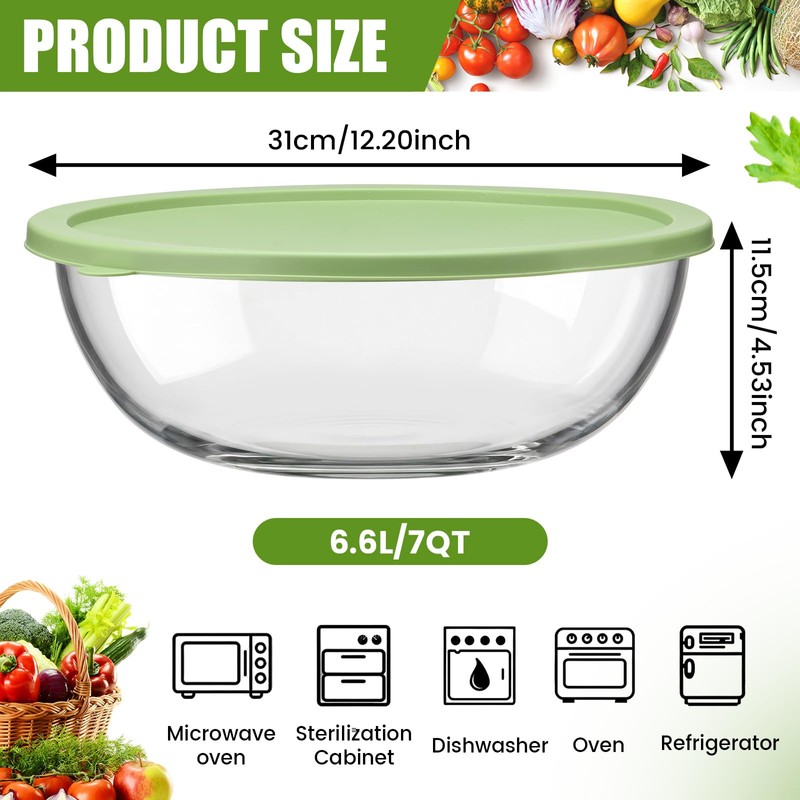Yiyiring 7 Qt Large Glass Mixing Bowl with Lid Thickened