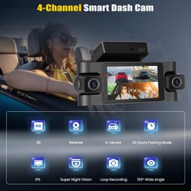 360° 4 Channel 2K Dash Cam Front and Rear Inside,3 Inch Dash Camera for Cars Car Camera Built in GPS with APP Control,IR Night Vision,Loop Recording,G-Sensor,Parking Assistance,24H Parking Monitor