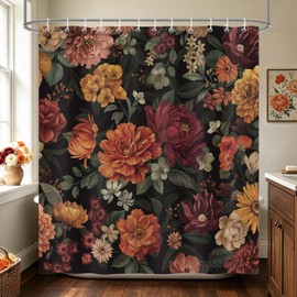 COZZSNUGE Vintage Dark Floral Shower Curtain, Black Boho Flower Bloosom Plant Farmhouse Shower Curtain for Bathroom Waterproof Polyester Fabric with 12 Hooks, 72 x 72 Inches