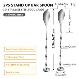 2Pcs 8 Inches Stainless Steel Bar Spoon 21CM with Round Base Spiral Handle Bar Mixing Spoon Cocktail Spoon Stirring Spoon for Bar Restaurants Home Party Use, Silver