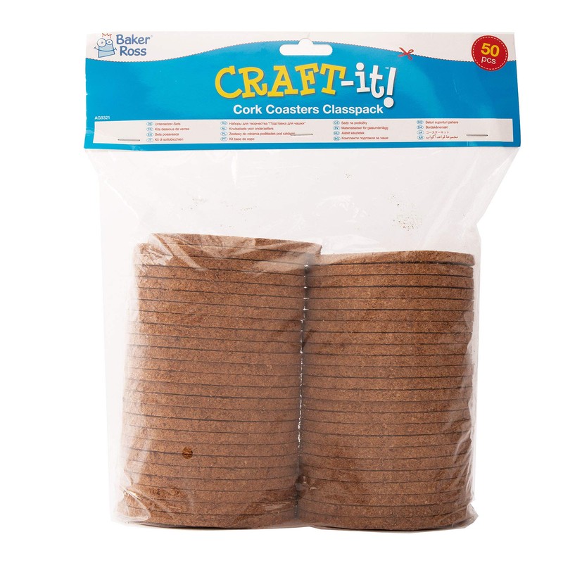 Baker Ross Cork Coasters Class pack. Round, Plain Cork Coasters,