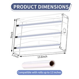 Acuxiaza 3 in 1 Wrap Organizer with Cutter Acrylic Wax Paper Dispenser Foil and Plastic Wrap Organizer Aluminum Foil Holder for Kitchen Drawer and Wall-Mounted Compatible with 12" Roll