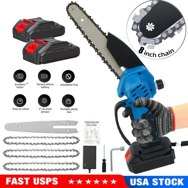 Unbranded 8" Mini Chainsaw w/2 Batteries 3 Chains 8-Inch Cordless