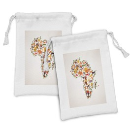 Ambesonne African Fabric Pouch Set of 2, Travel Map Plan Traditional Objects Continental Culture Arts Craft, Small Drawstring Bag for Toiletries Masks and Favors, 9" x 6", Multicolor