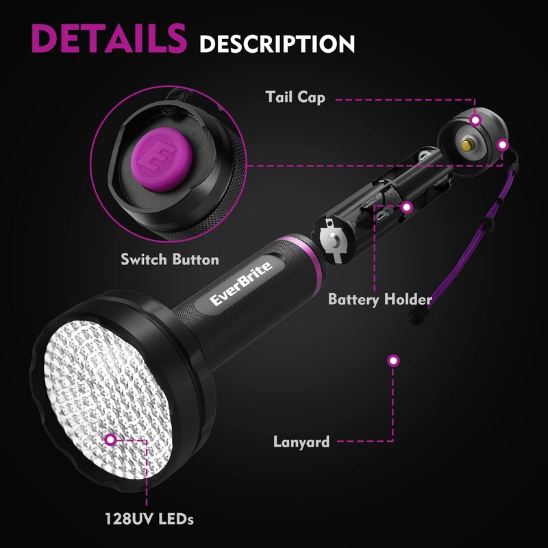 EverBrite UV Flashlight, 128 LED Blacklight Flashlights, 395nm Black Light